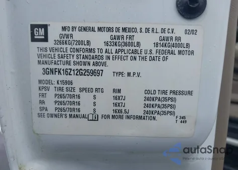 2002 Chevrolet Suburban 1500 Lt z USA, uszkodzony, nr VIN 3GNFK16Z12G259697